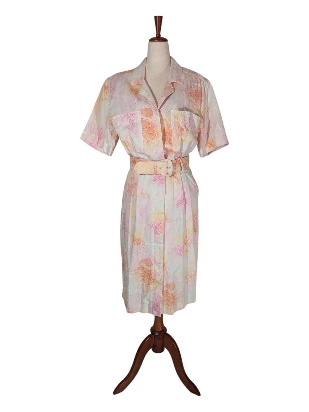 Vintage 80s Cotton Abstract Pastel Paint Printed Button Shirt Dress with Belt